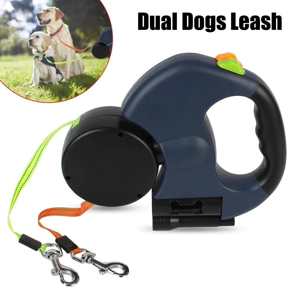 Double Dog Retractable Leash with Rotating Handle & FLASHLIGHT