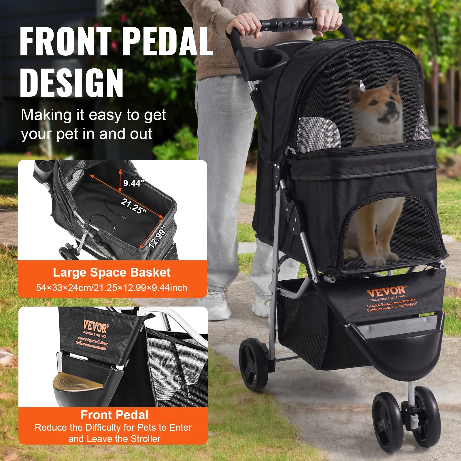 VEVOR Dog Stroller, 35lbs, 3 Wheels with Front Storage Basket, Cup Holder