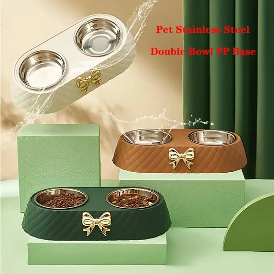 Stainless Steel Double Layer Bow Tie Cat Food Bowl